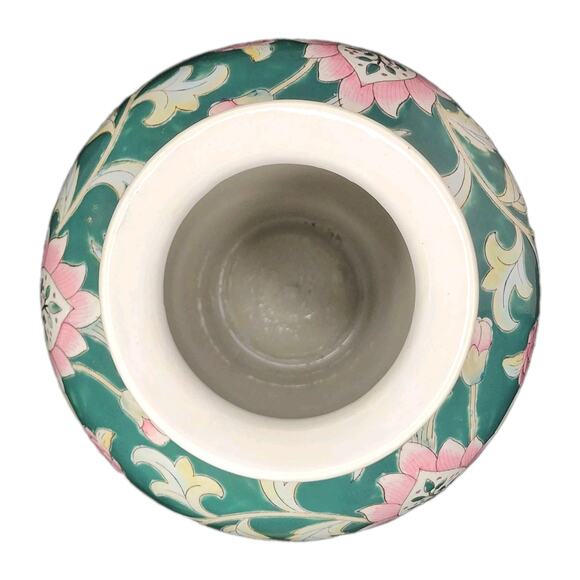 Vintage Porcelain Chinese Macau Vase Green with Pink Floral Design 10" Numbered - Picture 5 of 8